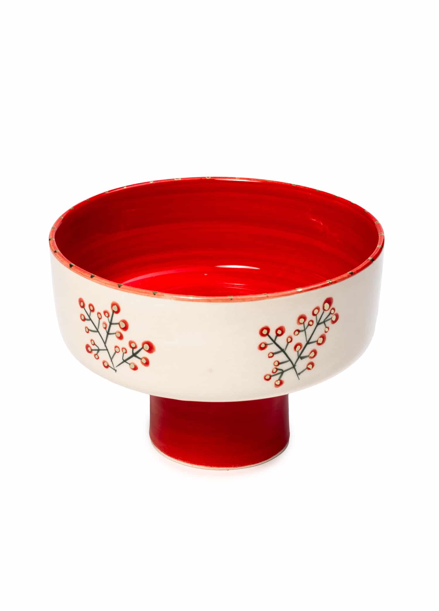 Xmas Cherry Berry Kırmızı Handmade Seramik Ayaklı Pasta Tabağı